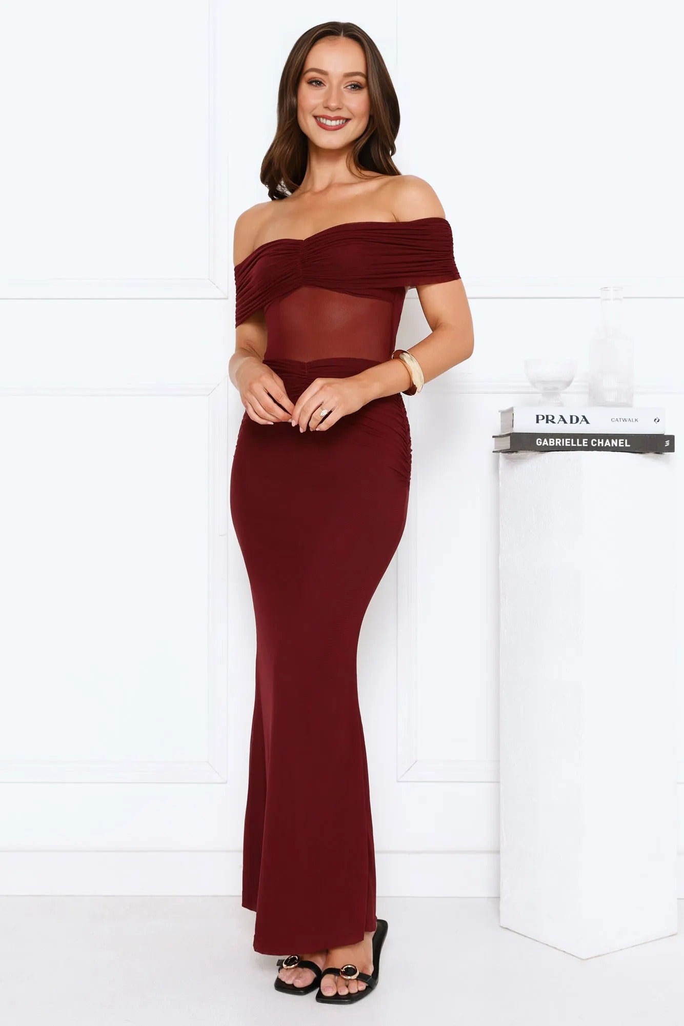 Women’s Burgundy Mesh Off-Shoulder Maxi Evening Dress – Elegant Formal Gown