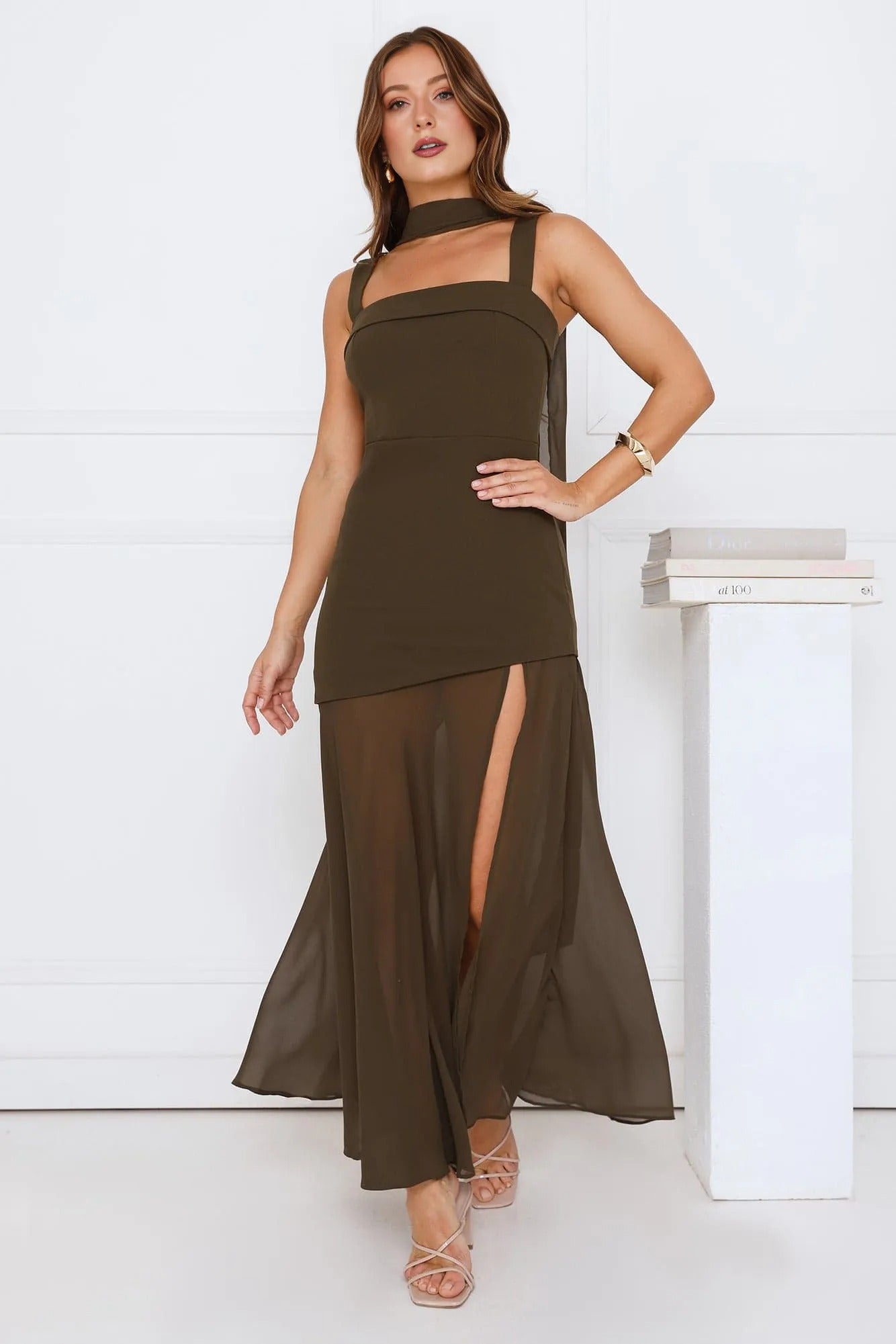 Women’s Maxi Dress Elegant Fit Satin Evening Olive
