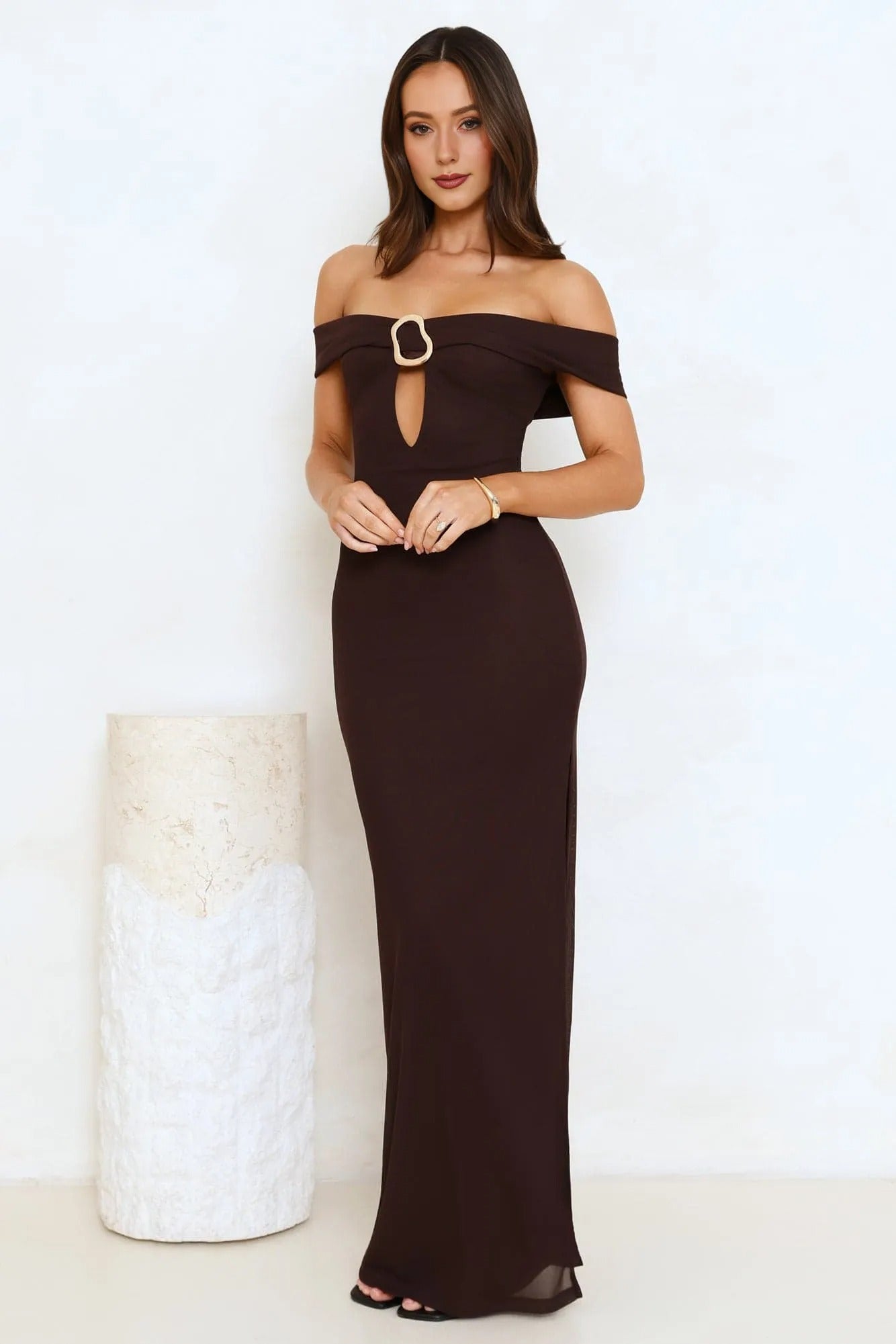 Women’s Off Shoulder Maxi Dress Elegant Fit Satin Evening Brown