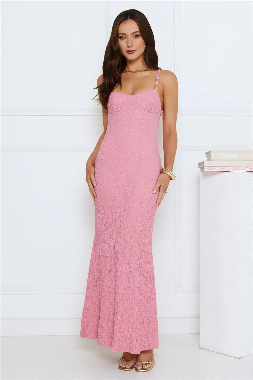 Women’s Maxi Dress Elegant Fit Satin Evening Pink