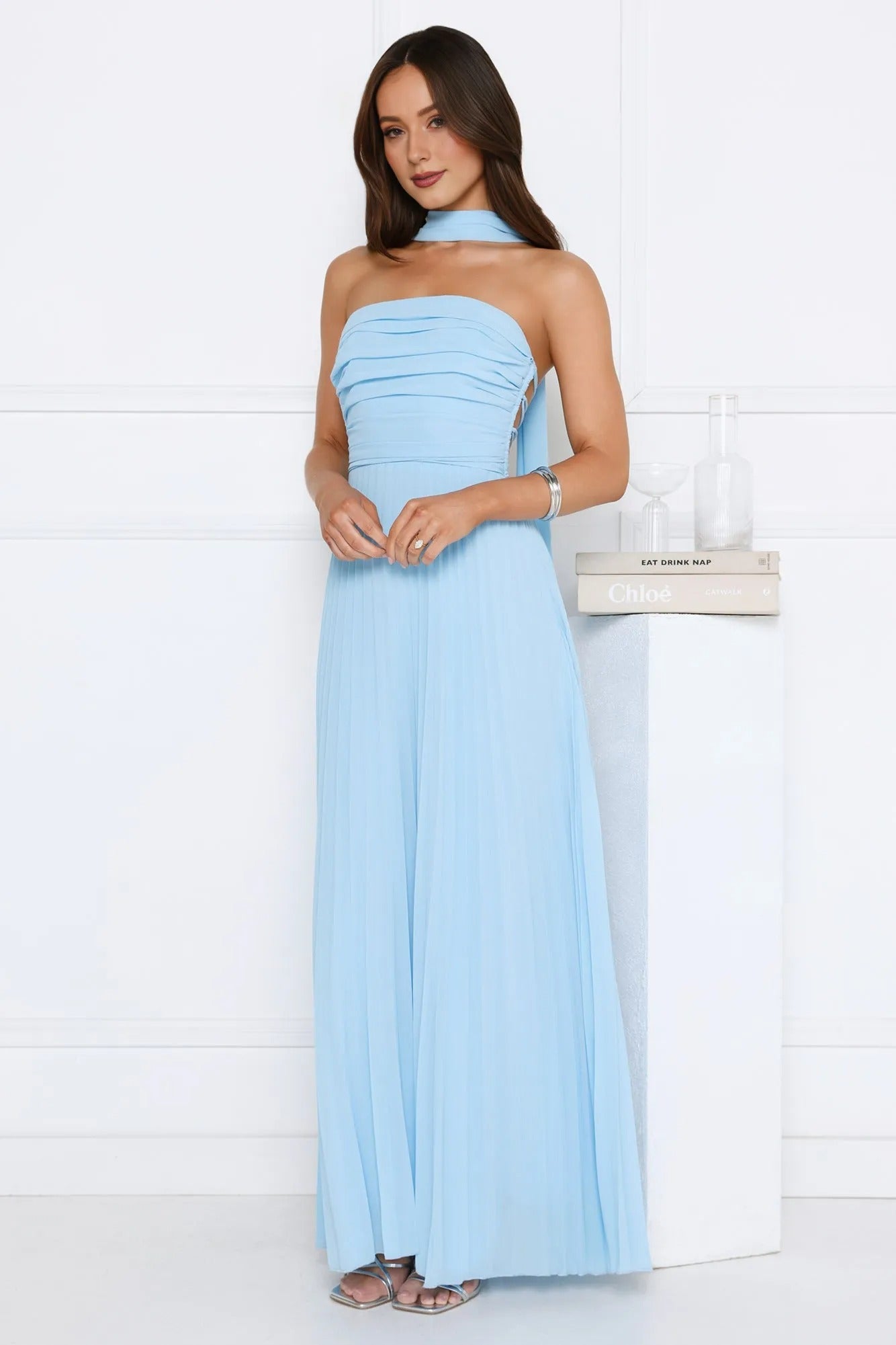 Women’s Strapless Pleated Maxi Dress – Blue Formal Evening Party Gown