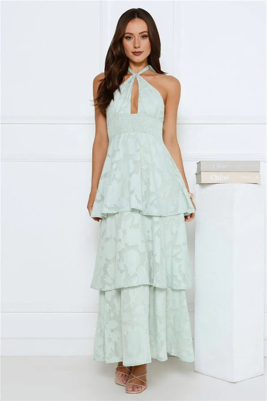 Women’s Halter Maxi Dress Elegant Fit Satin Evening Sage