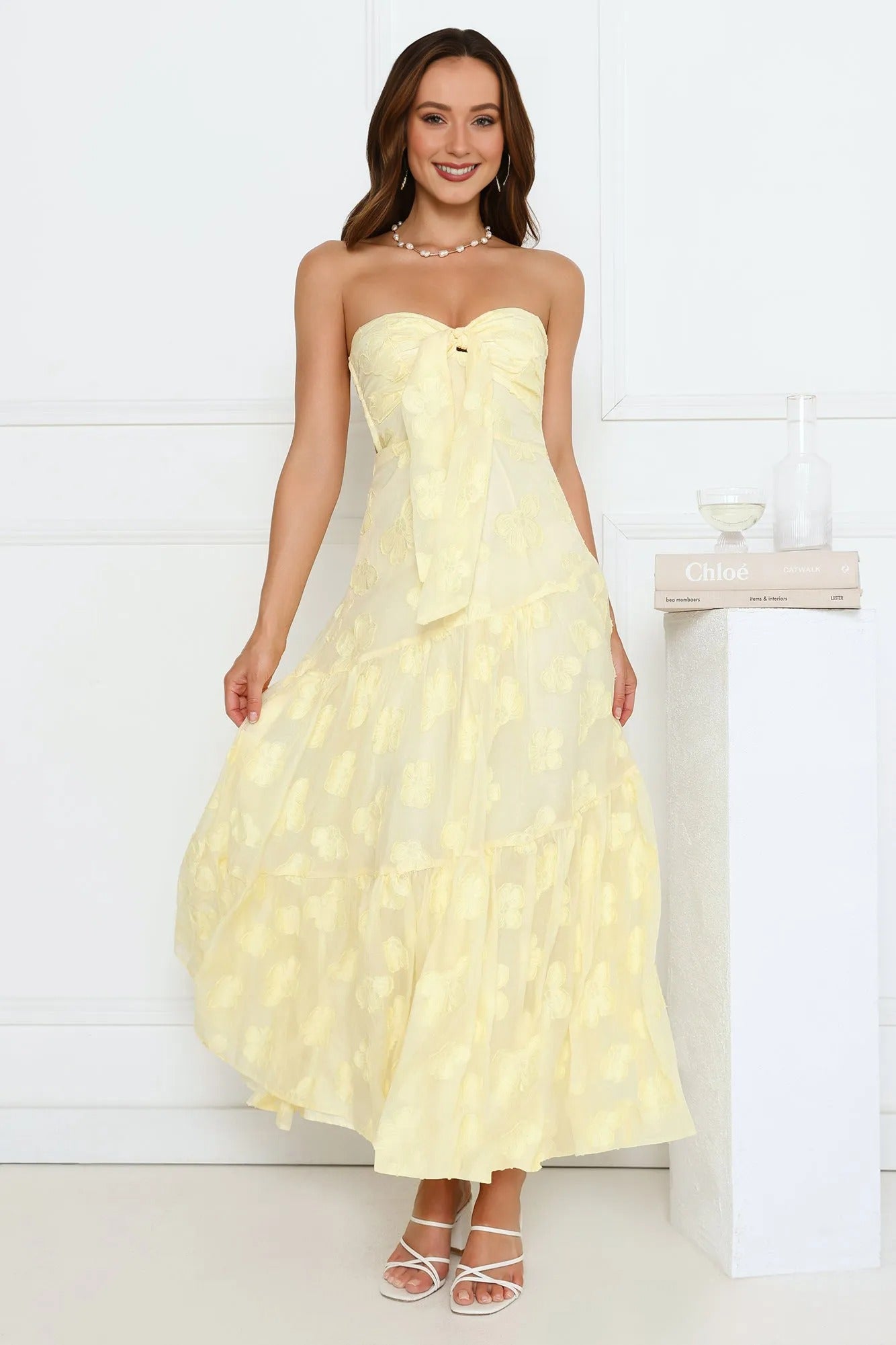Women’s Strapless Maxi Dress – Yellow Formal Evening Party Gown