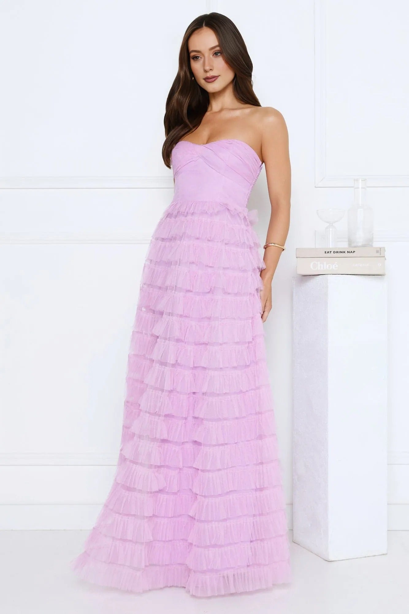 Women’s Strapless Maxi Dress Tulle Elegant Evening Lilac