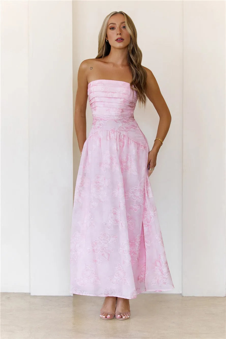Women’s Strapless Maxi Dress – Pink Formal Evening Party Gown