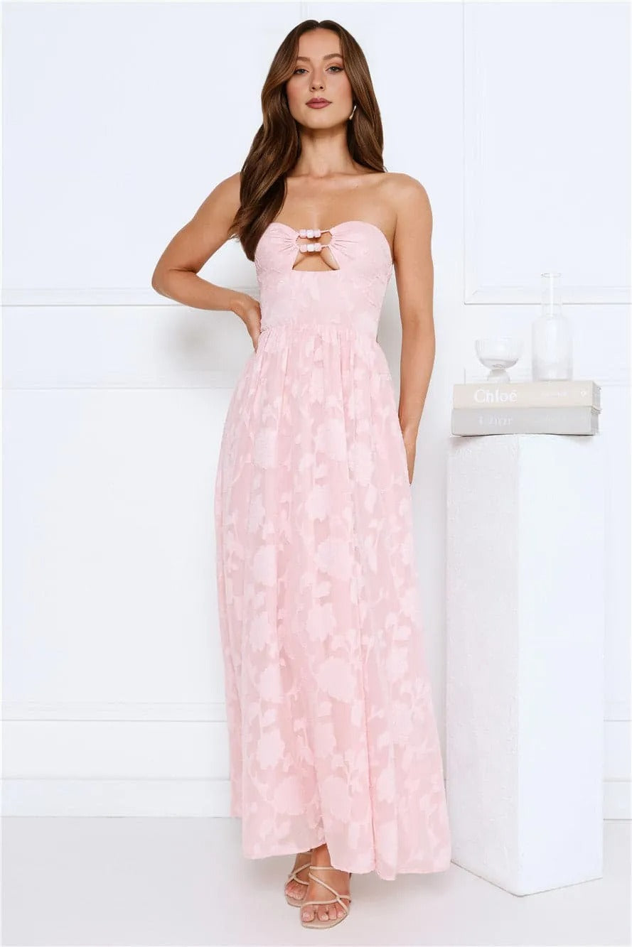 Women’s Strapless Maxi Dress – Pink Formal Evening Party Gown