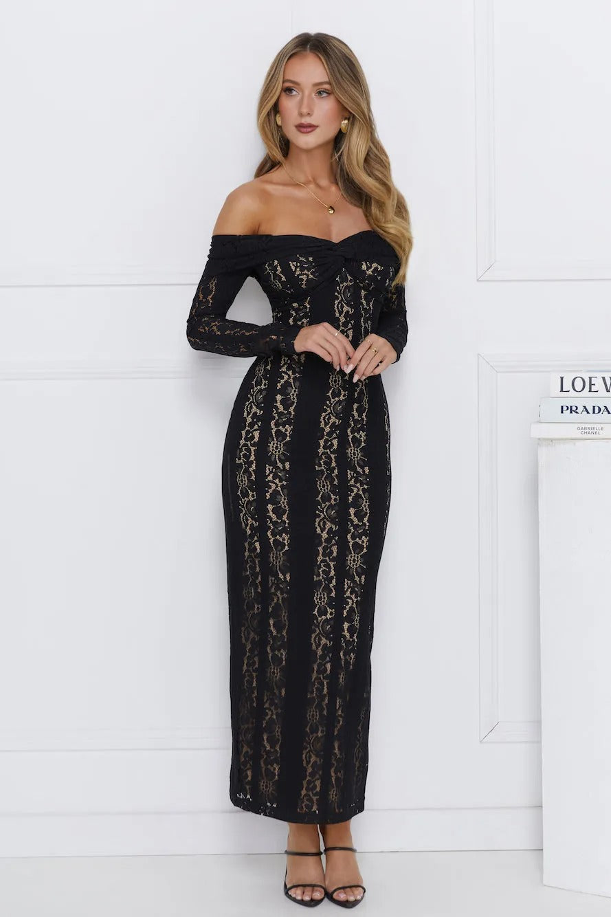 Women’s Black Lace Off-Shoulder Maxi Evening Dress – Elegant Formal Gown