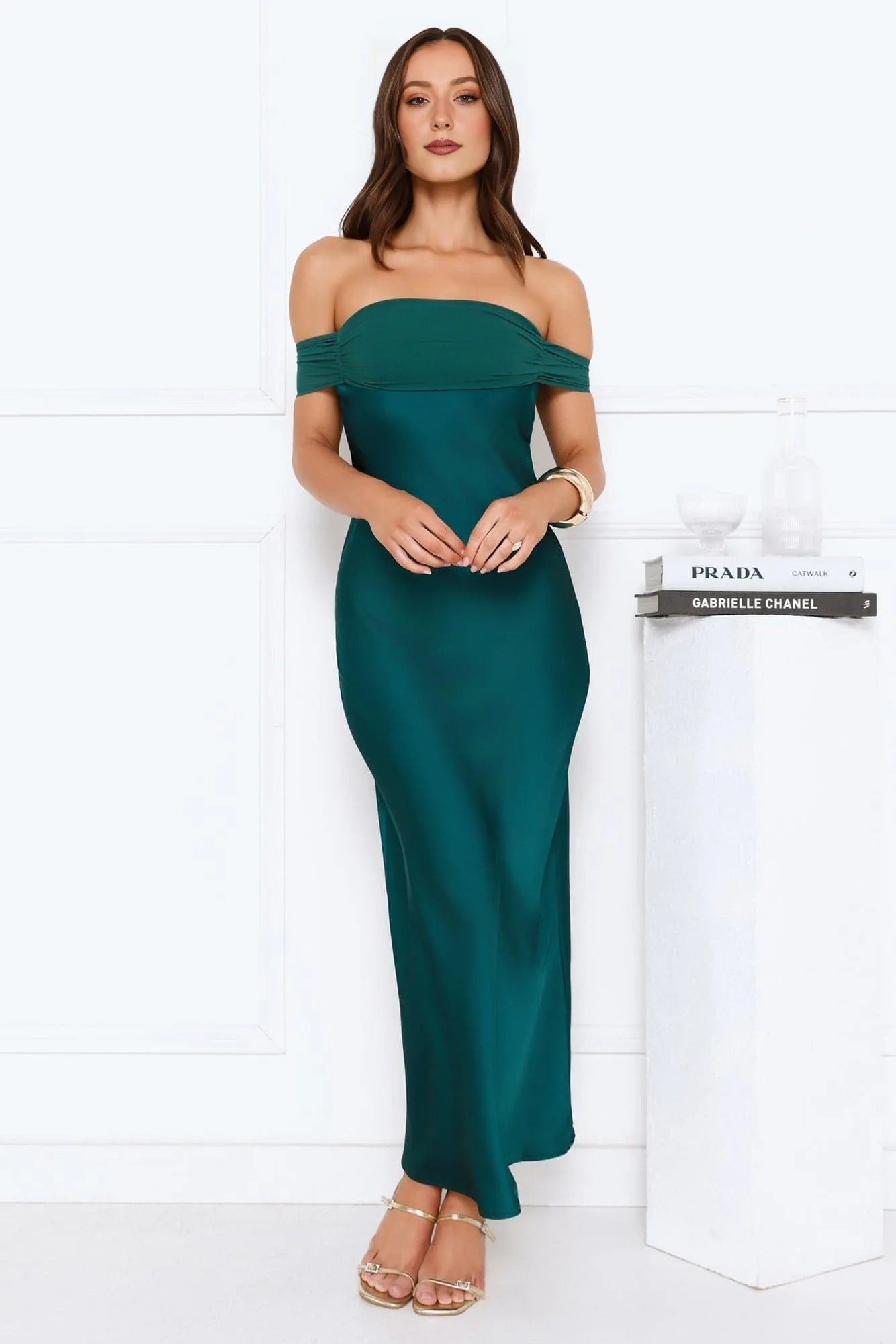 Women’s Strapless Maxi Dress Satin Elegant Evening Green
