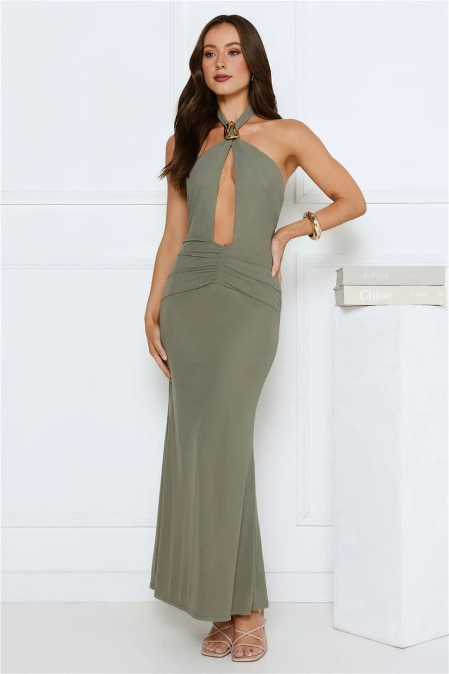 Women’s Halter Maxi Dress Mesh Elegant Evening Sage