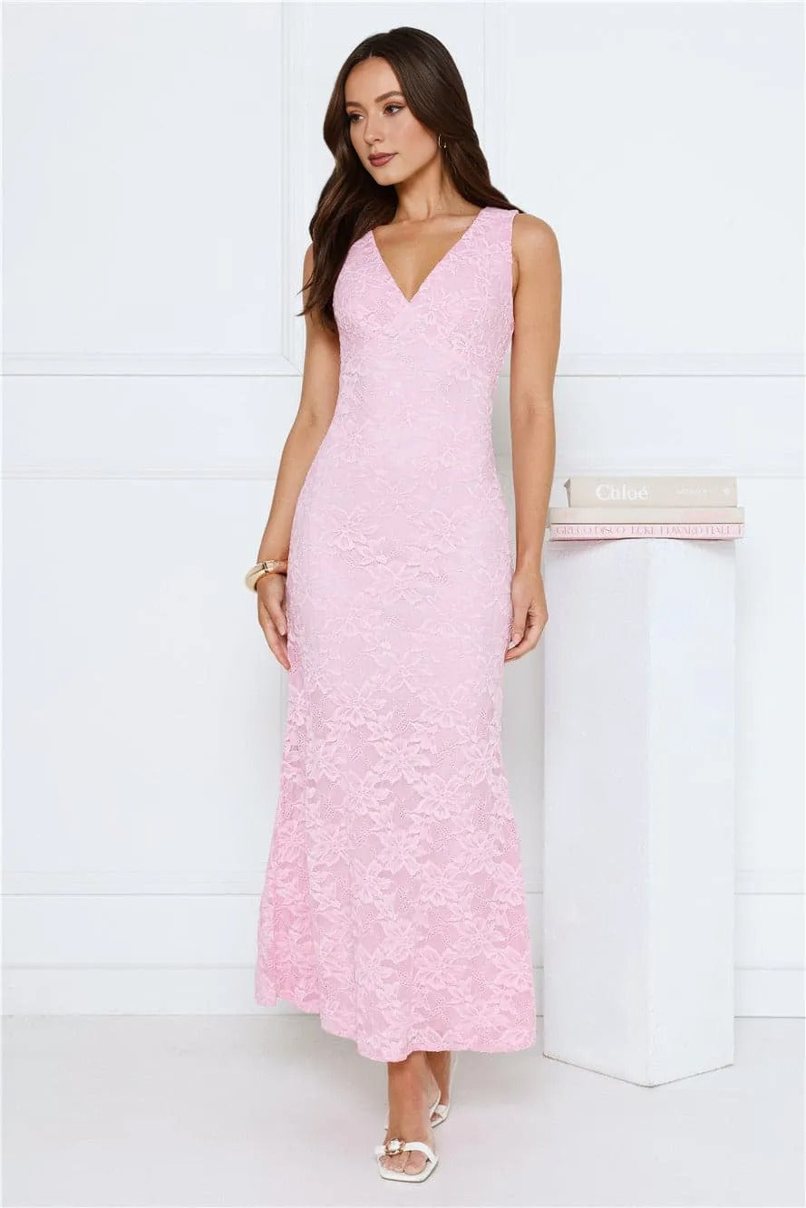 Women’s Lace Maxi Dress Elegant Fit Evening Pink