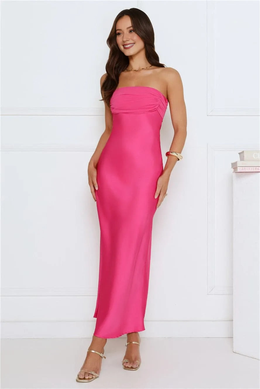 Women’s Strapless Maxi Dress Satin Elegant Evening Pink