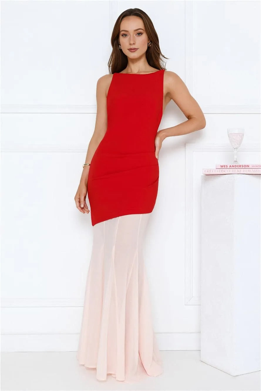 Women’s Maxi Dress Elegant Fit Satin Evening Red