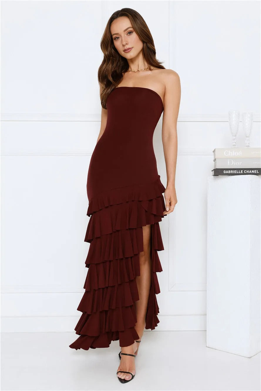 Women’s Strapless Maxi Dress – Brown Formal Evening Party Gown