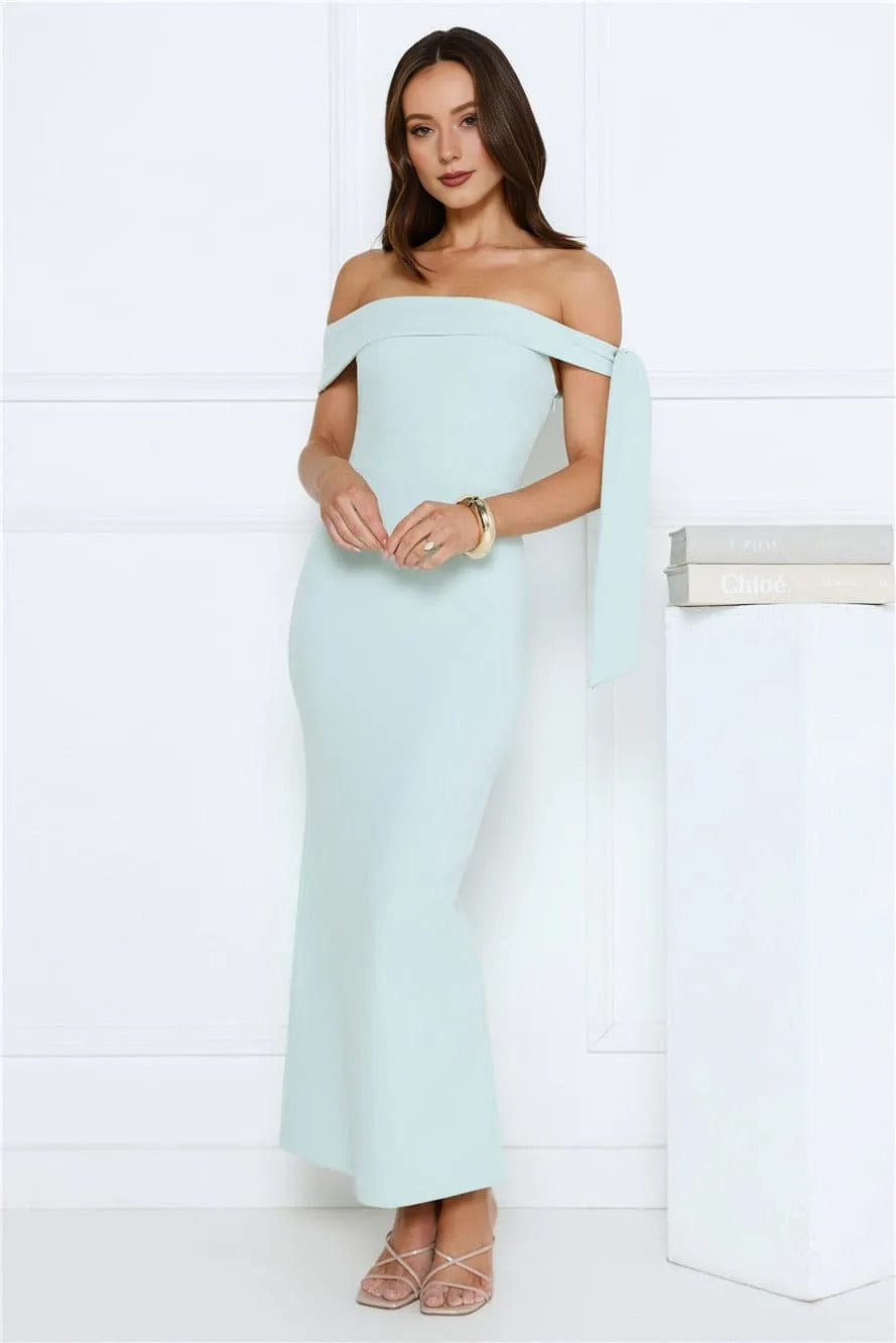 Women’s Off Shoulder Maxi Dress Elegant Fit Satin Evening Mint
