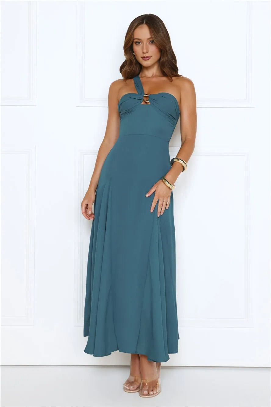 Women’s Teal One-Shoulder Maxi Evening Dress – Elegant Formal Gown