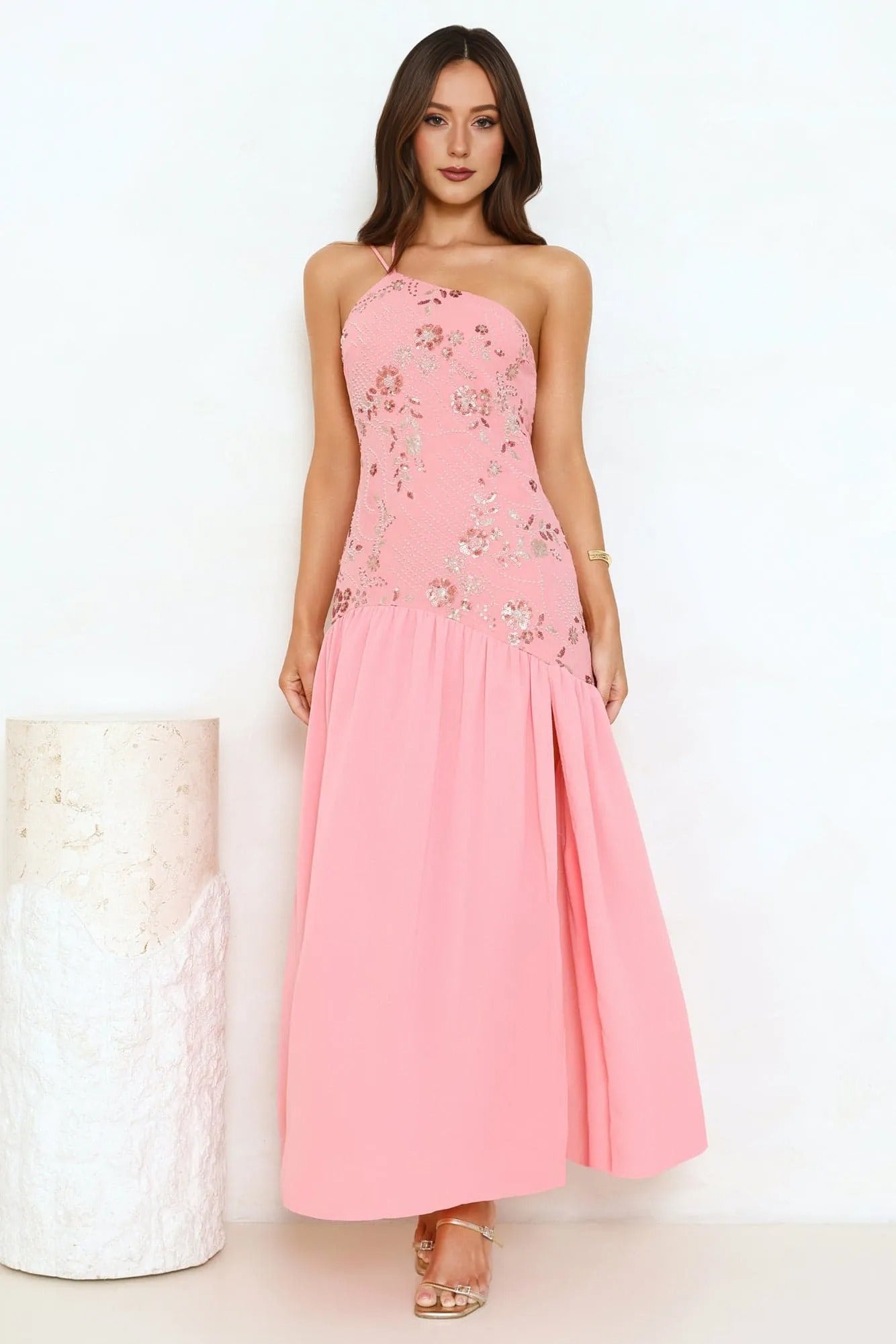 Women’s One Shoulder Maxi Dress Elegant Fit Satin Evening Pink